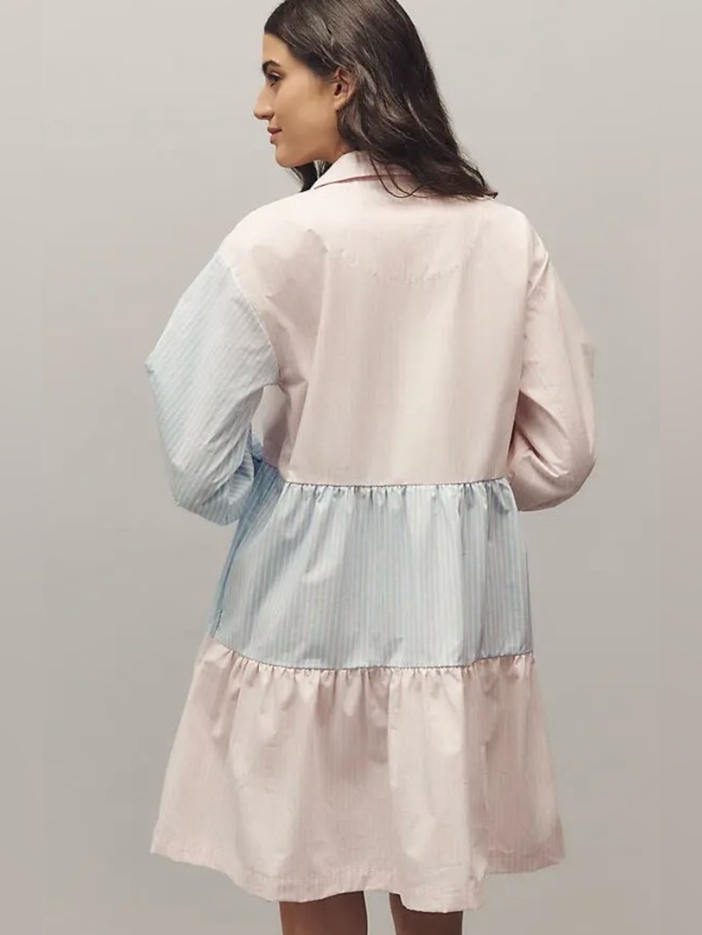 Anthropologie Bettina Striped Tiered Mini Shirt Dress in Blue & Pink Stripe - Picture 3 of 4